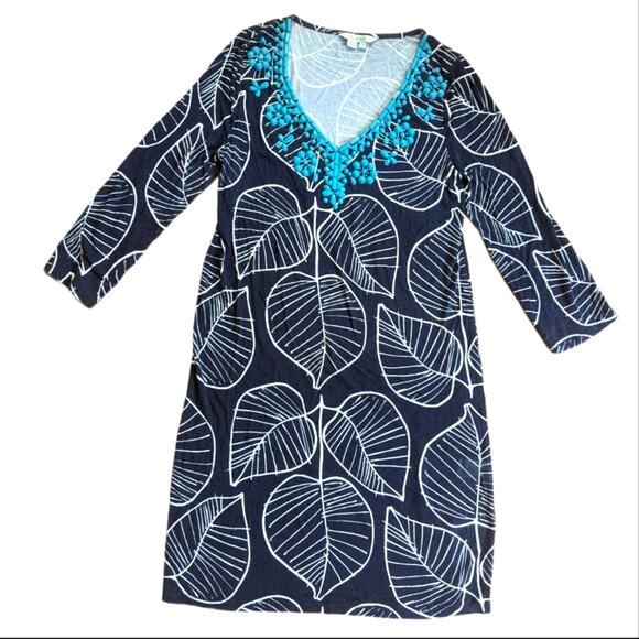Boden 3/4 Sleeve Tropical Vacation Beaded Stretch Jersey Comfy Mini Dress - Picture 1 of 5